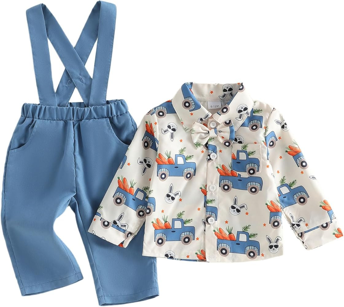 Toddler Boy Easter Outfit Truck Bunny Carrot Gentleman Shirt Overalls Pants Set Baby Boys Spring ... | Amazon (US)