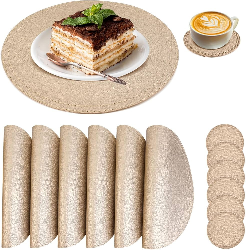 Set of 6 Faux Leather Gold Round Placemats and Coasters, Coffee Mats Kitchen Table Mats, Waterpro... | Amazon (US)