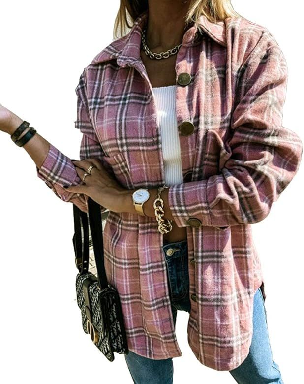 Women Wool Blend Plaid Jacket Long Sleeve Button Shirt Trench Shacket Coat | Amazon (US)