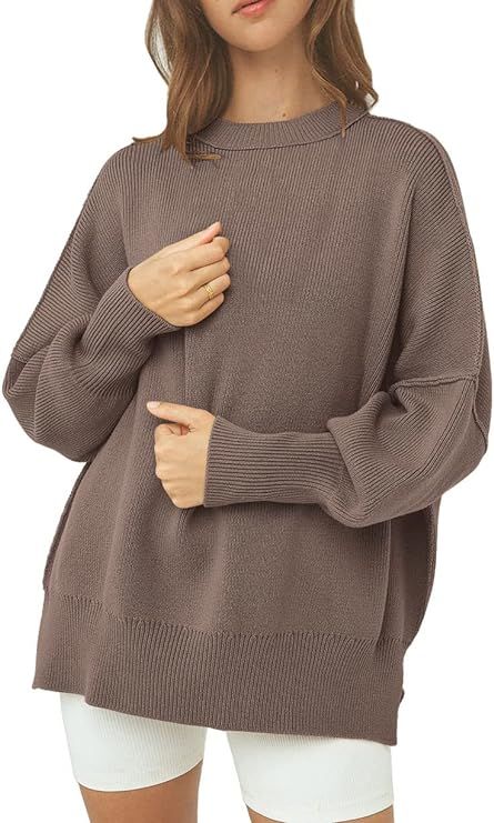 LILLUSORY Women Fall Crewneck Batwing Long Sleeve Sweater Oversized Ribbed Knit Side Slit Pullove... | Amazon (US)