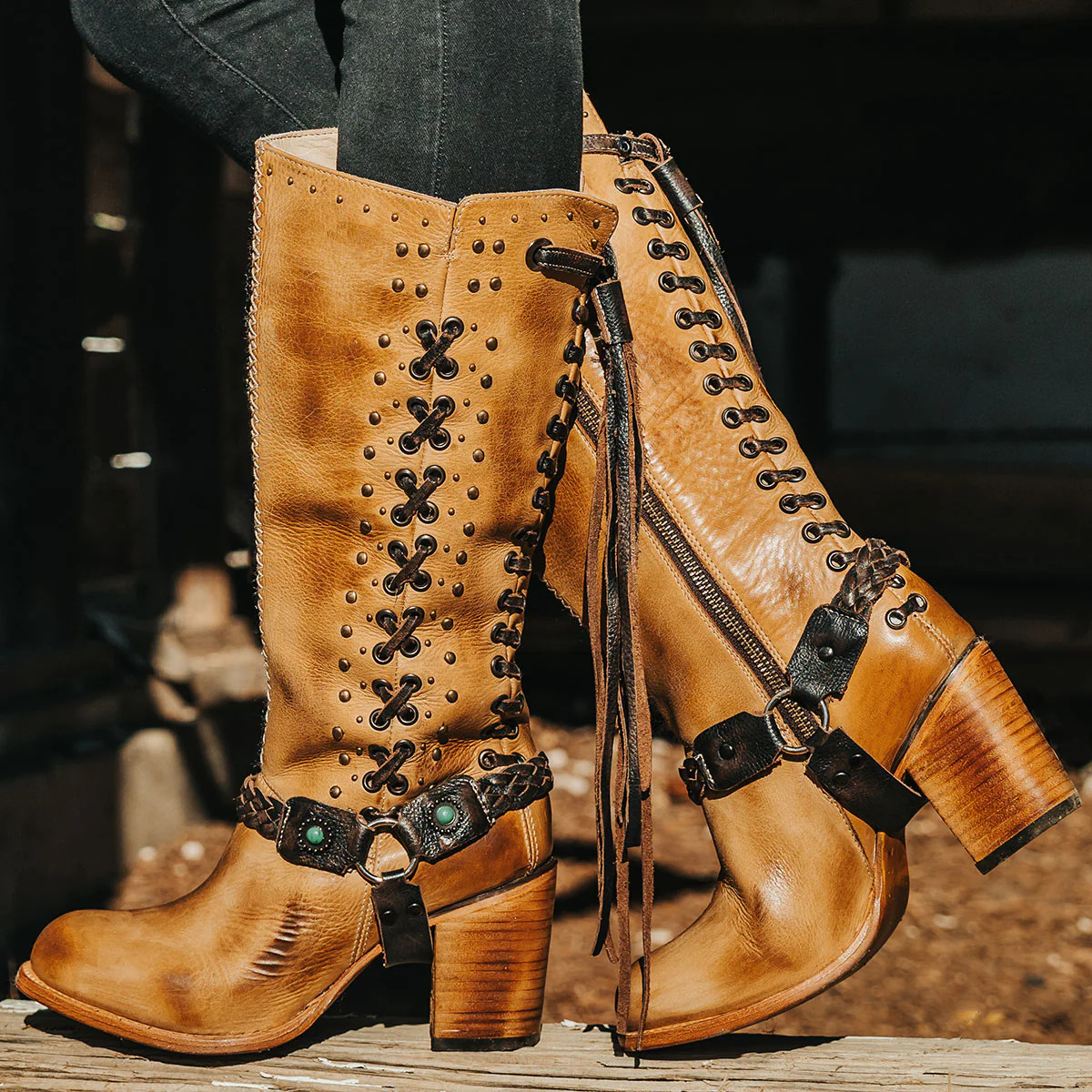 BUCK Women's Braided Leather Heeled Tall Boot Tan | Freebird Stores | Shop Women's Tan Heeled Tal... | Freebird