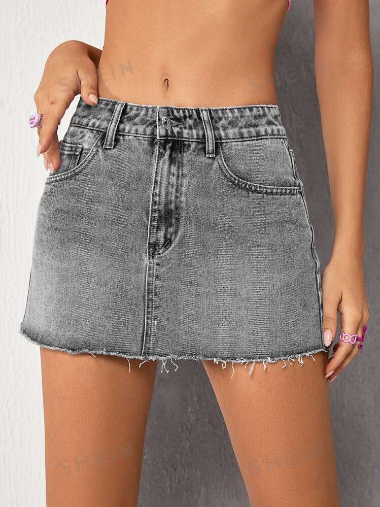 SHEIN ICON Raw Hem Denim Skirt | SHEIN USA | SHEIN