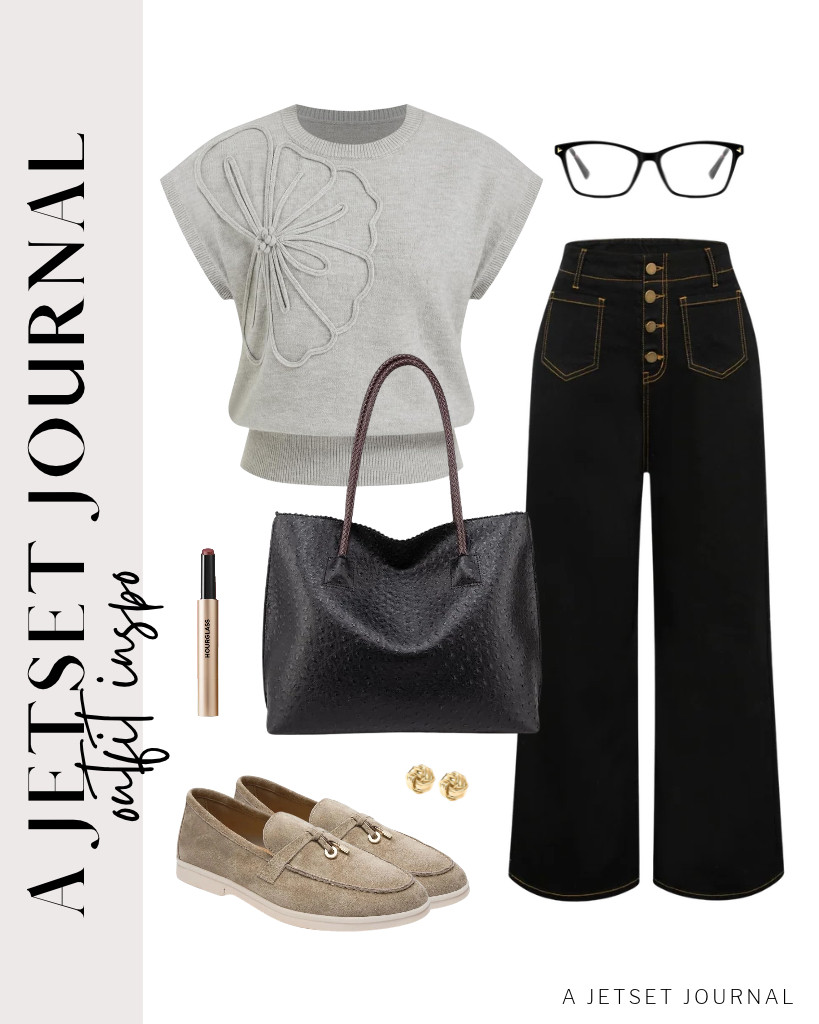 You can use this Mila Chiva tote bag with this combination of a gray CIDER floral sweater vest and Belle Poque high-waisted jeans. These Project Cloud leather slip-on loafers and FEISEDY blue-light glasses are perfect for this look, too! 

 #LTKSeasonal #LTKSaleAlert #LTKTravel