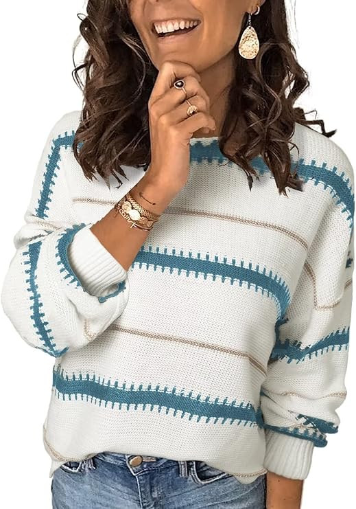 Dokotoo Womens Color Block Sweaters Long Sleeve Crewneck Pullover Knit Jumper Tops | Amazon (US)