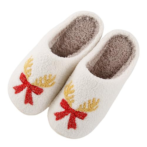 USSOLYW Christmas Bow Slippers For Womens Mens Slippers Plush Fluffy Warm Slippers Indoor House Home Shoes Christmas Bow 4344 | Amazon (US)