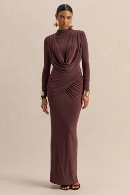 Karinthia | Brown High-Neck Maxi Dress With Draped-Detailing | Club L London