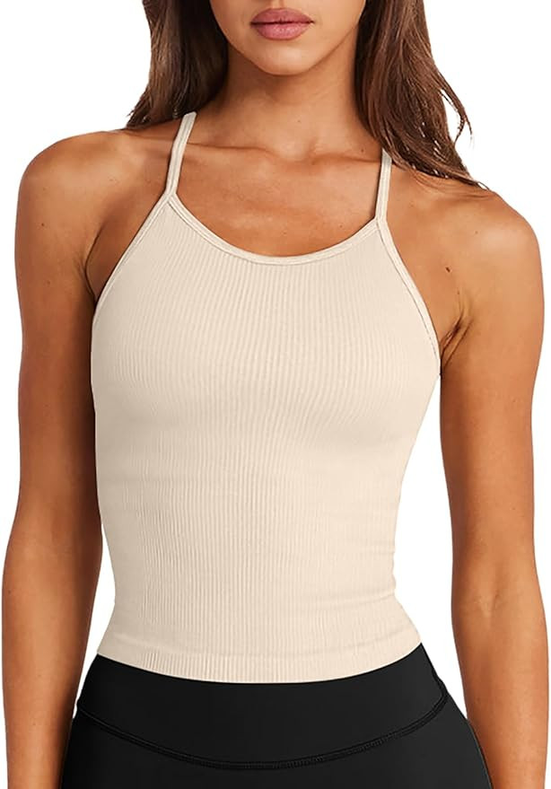 LASLULU Womens Sports Bra Seamless Long Crop Tank Racer Back Spaghetti Strap Workout Yoga Bra Pad... | Amazon (US)