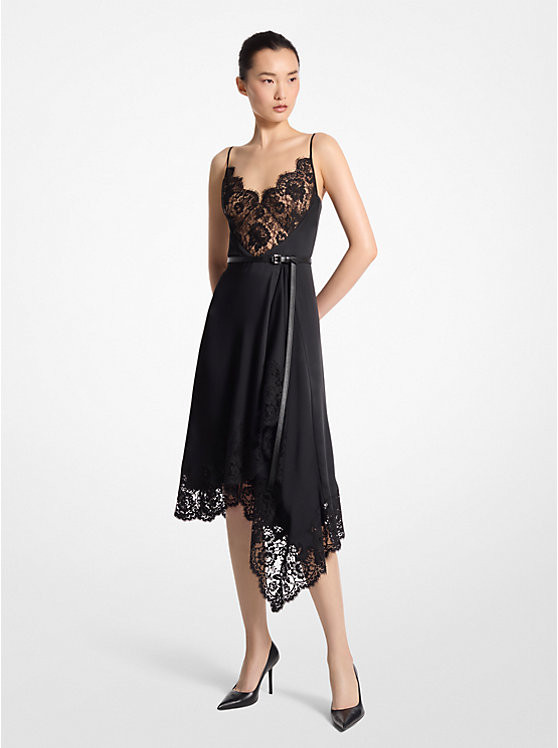 Lace Trim Satin Charmeuse Asymmetric Slip Dress | Michael Kors US