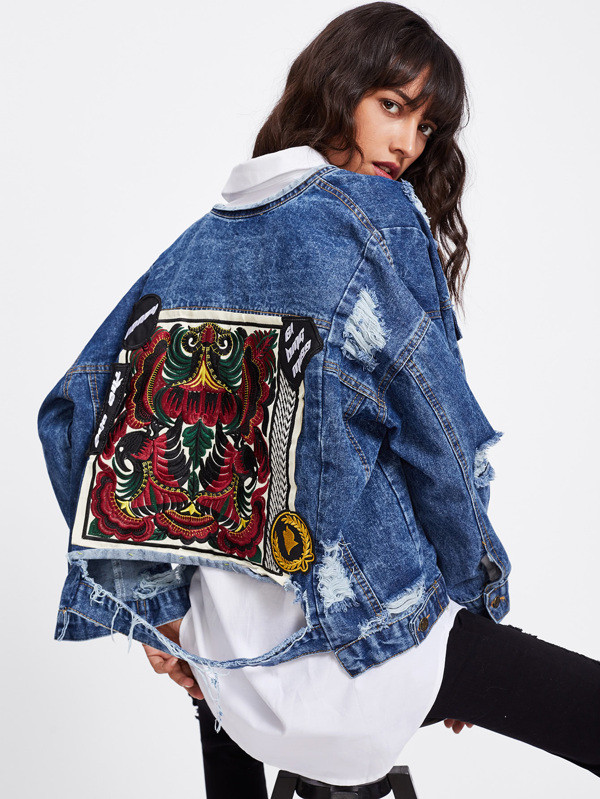 Embroidered Back Extreme Distressing Denim Jacket | SHEIN