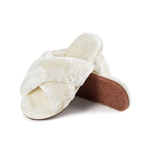 Leixinsenfa Cross Band Fluffy Fuzzy Slippers Open Toe Soft Plush House Slippers Indoor Outdoor Bedroom Cozy Slippers for Women Warm Slides Shoes White 7-8 | Amazon (US)