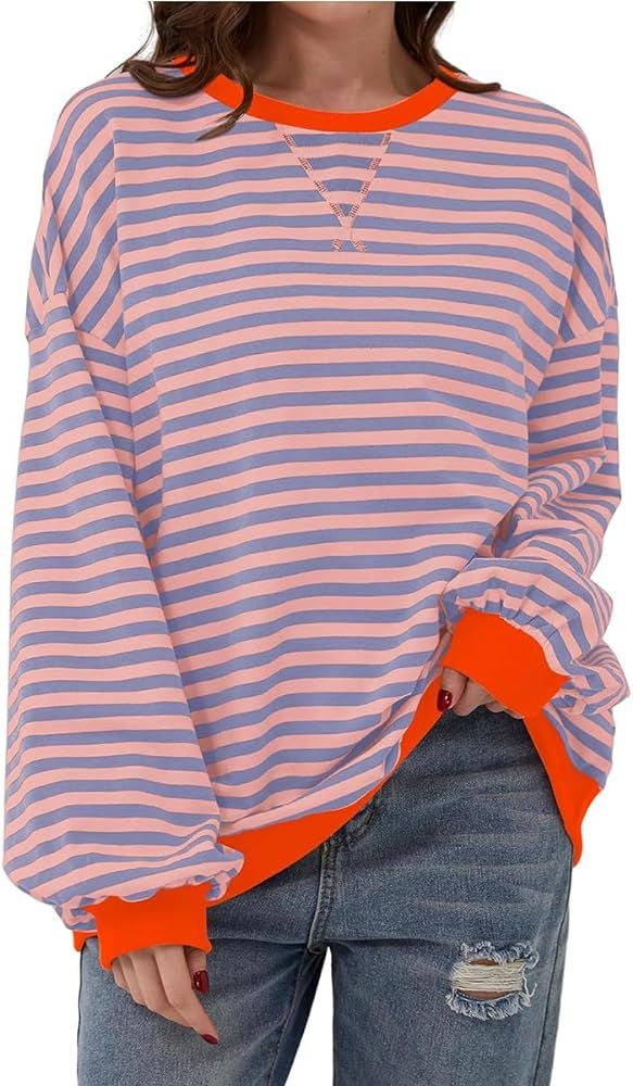 Women Crew Neck Long Sleeve Striped Oversized Sweatshirt Color Block Shirt Pullover Top Fall Y2K ... | Amazon (US)
