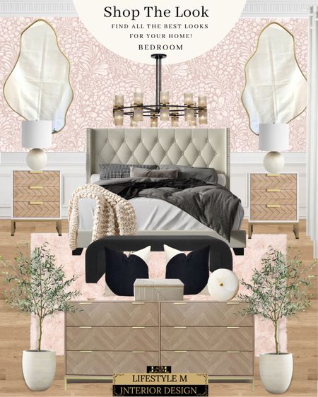 Modern traditional. Girly Bedroom Design. Girl Beige tufted bed frame, girl wood dresser, girl wood night stand, black girl bench, pink girl rug, black throw pillows, girl room decor, round white table lamp, brass contemporary mirrors, glass wheel chandelier, fall throw blanket, white tree planter pot, faux olive tree.

#LTKhome #LTKsalealert #LTKstyletip