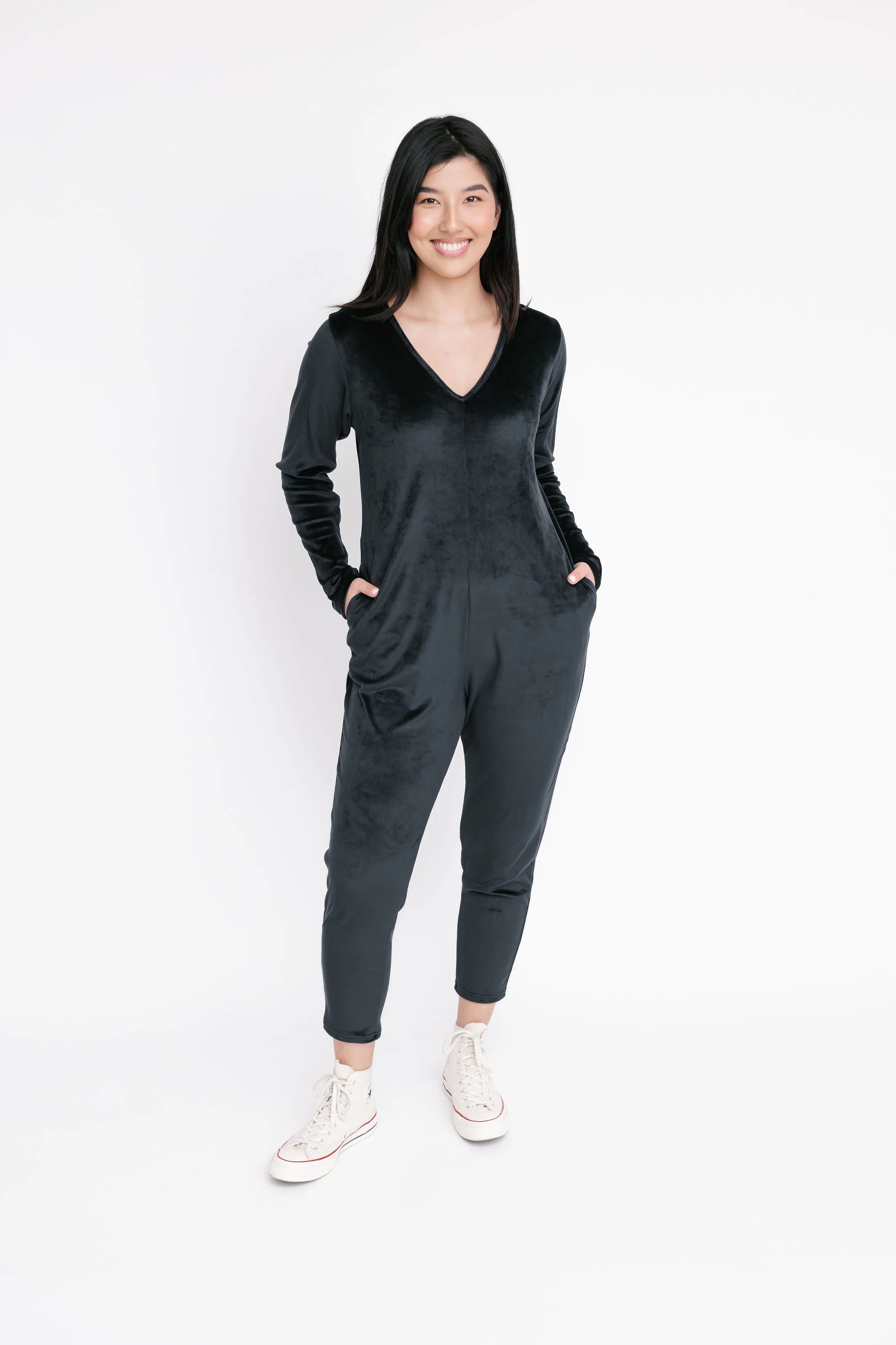 VELOUR FRIDAY ROMPER IN MIDNIGHT BLACK | SMASH+TESS