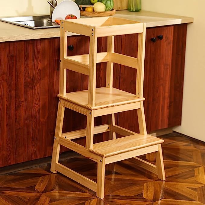 Kids Kitchen Step Stool with Safety Rail,Wooden Toddler Standing Tower for Kitchen Counter, Kids ... | Amazon (US)