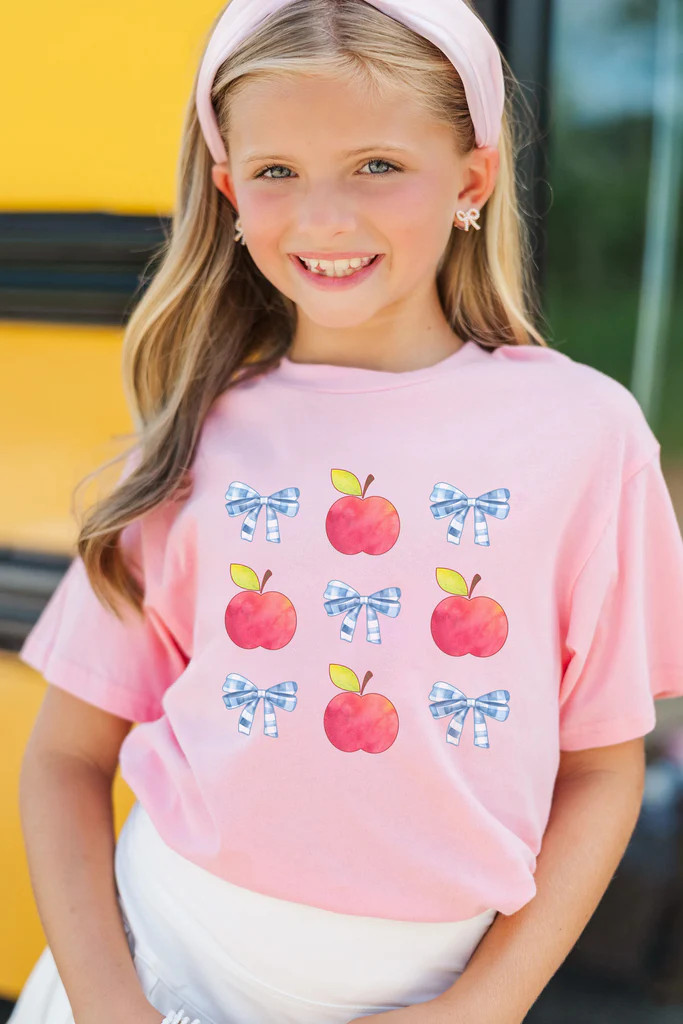 Girls: Apples & Gingham Bows Blush Graphic Tee | The Mint Julep Boutique