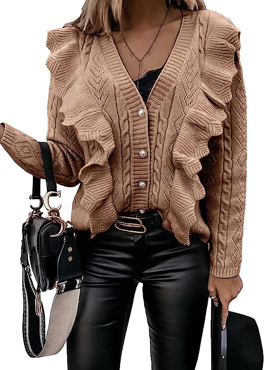 Happy Sailed Womens Sweaters Casual Long Sleeve V Neck Button Down Ruffle Knit Cardigan Sweater C... | Amazon (US)