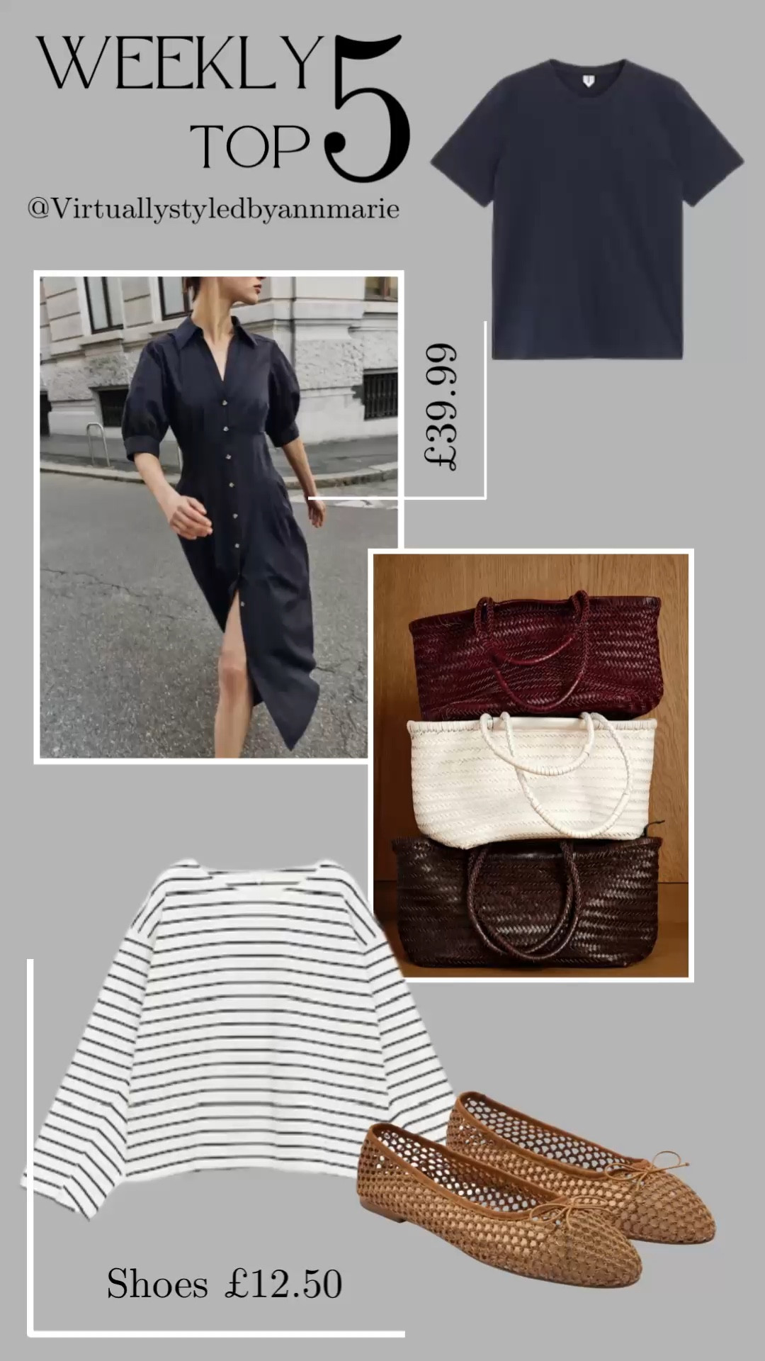 Your weekly Top 5 

Best sellers, woven tote, navy t-shirt, navy sunmer dress, striped long sleeved t-shirt, woven ballet flats 

#LTKshoes #LTKspring #LTKdresses