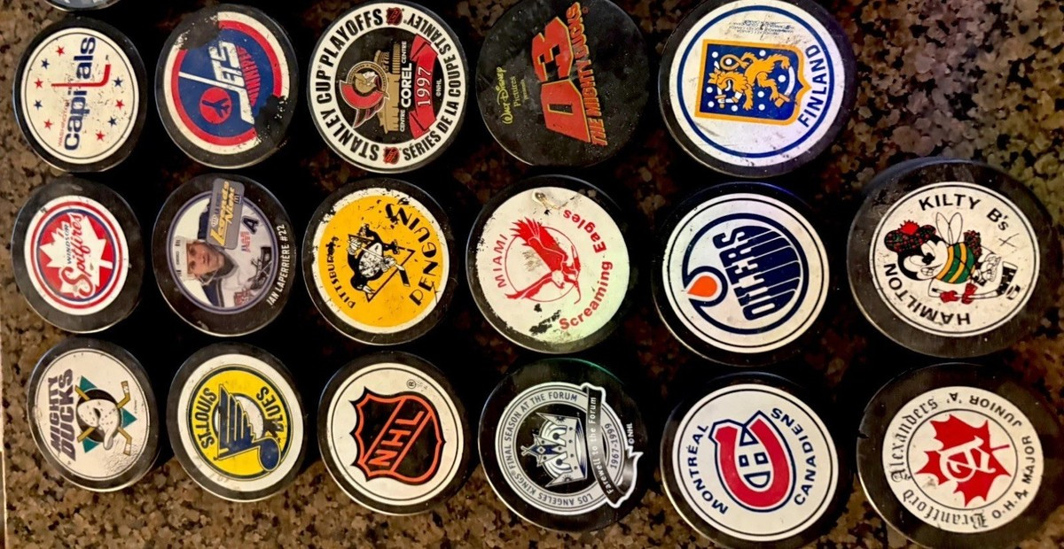 Lot of 21 Vintage Mfg NHL, AHL, WHA, Jr.A, and promo pick Hockey Pucks.  | eBay | eBay US