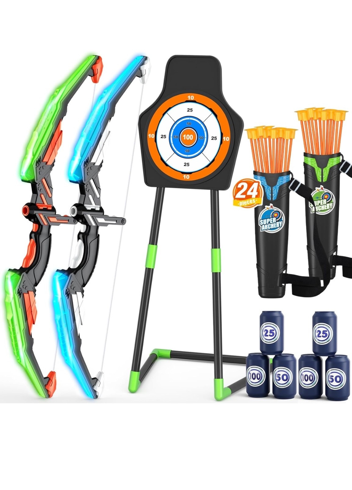 2 Pack Bow and Arrow for Kids, LED Light Up Archery Set with 24 Suction Cup Arrows, 1 Standing Target, 6 Score Targets & 2 Quiver, Indoor Outdoor Sport Gifts for Boys Girls Ages 4-8