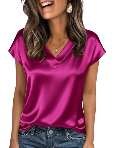 Zeagoo Women Silk Satin Tops Cap Short Sleeve Blouse V Neck Shirts Business Casual Outfits S-2XL | Amazon (US)