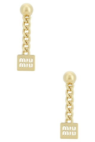 Miu Miu Logo Drop Earrings in Metallic Gold | FWRD 