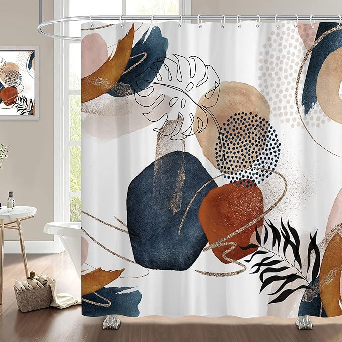 Abstract Shower Curtain Boho Mid Century Navy Blue Gold Colorful Modern Geometric Leaves Plant Ne... | Amazon (US)