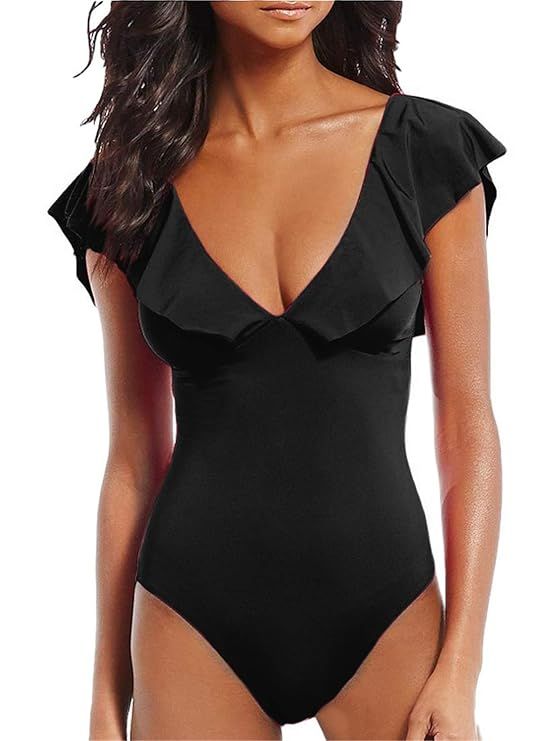 AdoreShe Women Ruffle One Piece Swimsuit Backless Monokini Solids Bathing Suits | Amazon (US)