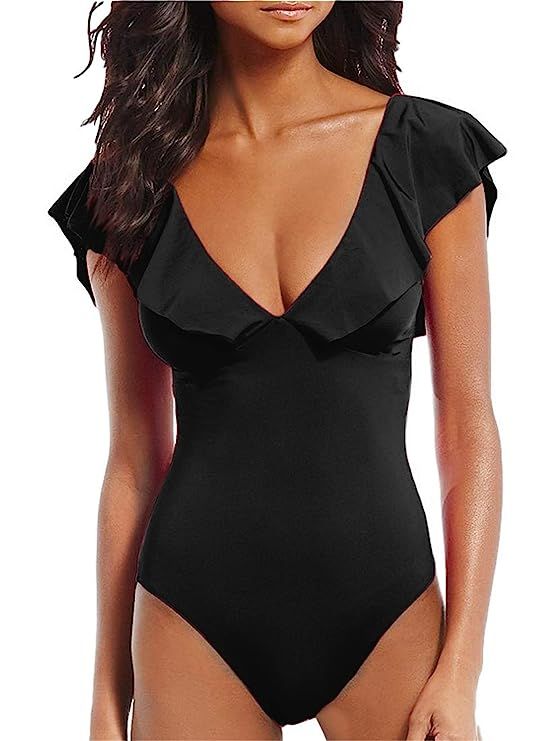 AdoreShe Women Ruffle One Piece Swimsuit Backless Monokini Solids Bathing Suits | Amazon (US)
