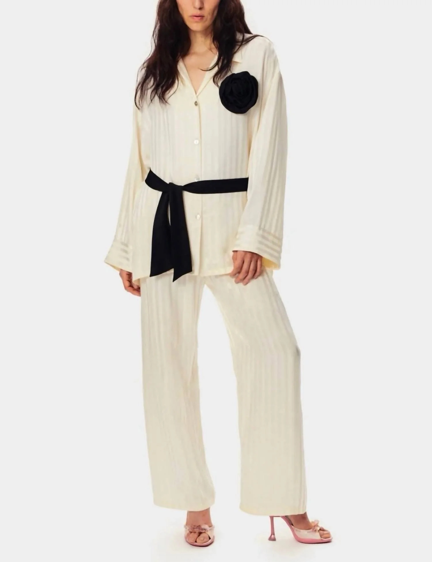 The Rose Oversized Satin Pajama Set In Cream | Shop Simon