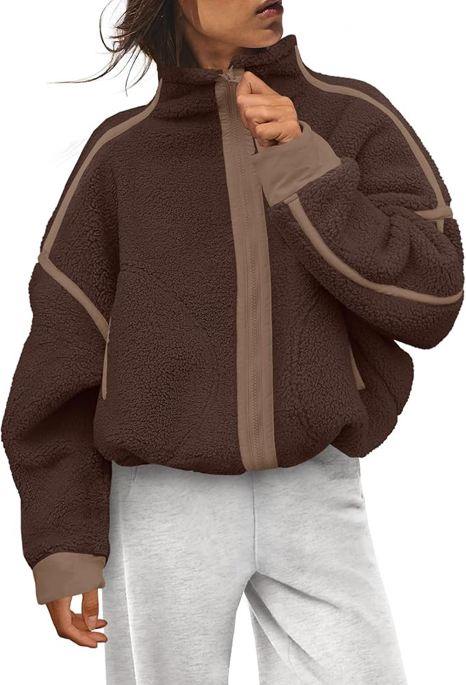 LAMISSCHE Zip up Fleece Jacket Women Oversized Mock Neck Sherpa Sweatshirt Striped Long Sleeve Pu... | Amazon (US)