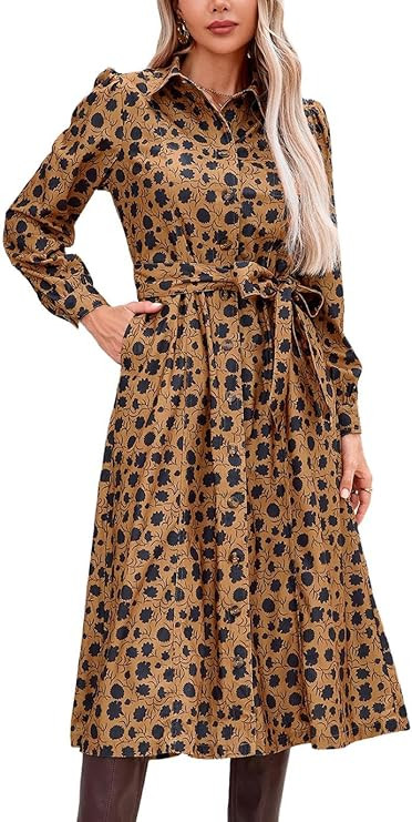 Women's Corduroy Maxi Dress Long Sleeve Cord Button Down Fall Shirt Long Dress with Belt | Amazon (US)