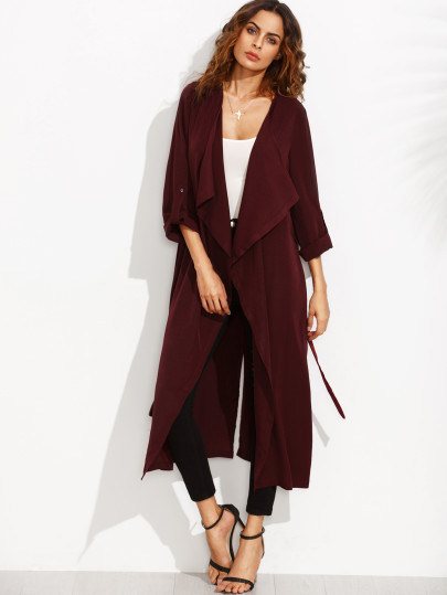 Burgundy Lapel Rolled Up Sleeve Split Long Outerwear | SHEIN
