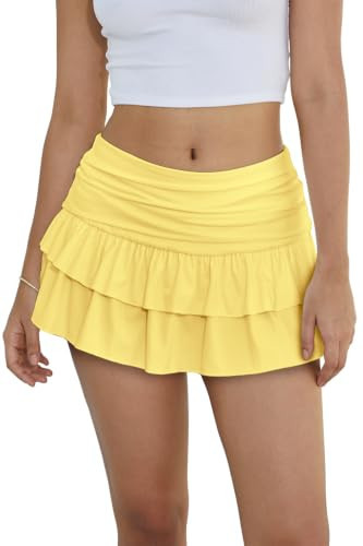 GDENZL Yellow Skirt - Tiered Ruffle Mini Flowy Low Rise Short Skort X-Small | Amazon (US)