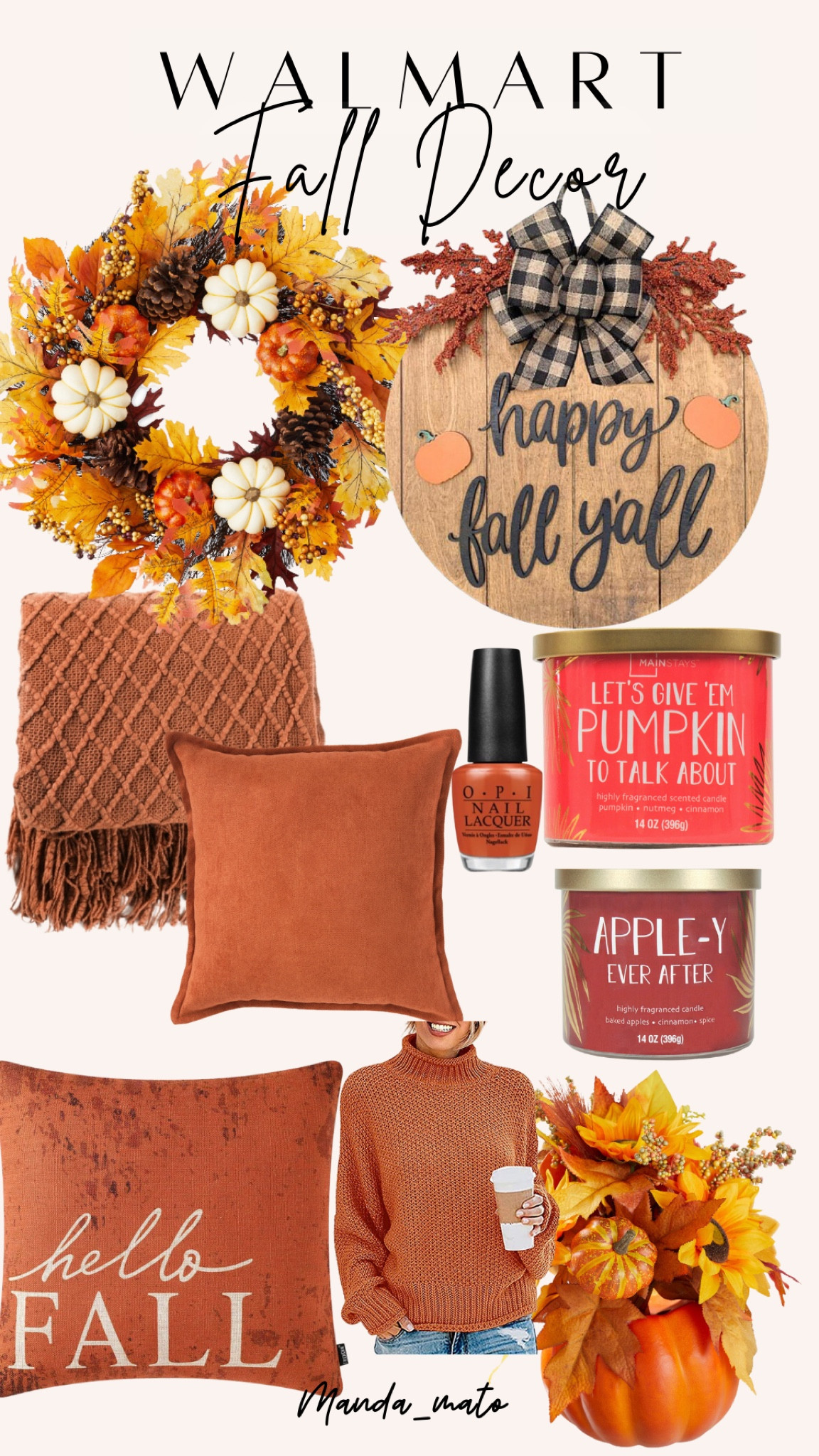 Walmart Fall Decor & Fashion 

Fall sweater 
Fall candle
Fall wreath 
Fall throw blanket
Fall pillow 
Fall door sign 
Fall nail polish 


#LTKSeasonal #LTKunder100