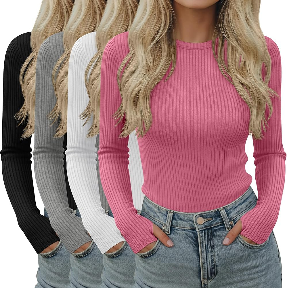 4 Pack Women's Ribbed Long Sleeve Shirts with Thumb Holes Cotton Crewneck Slim Fit Tops Knit Casu... | Amazon (US)