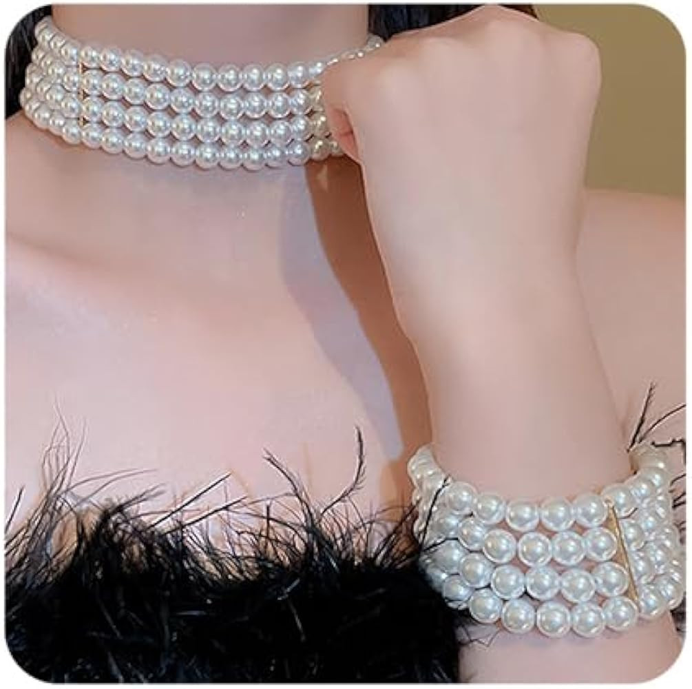 Chargances 2pcs 1920s Faux Pearl Jewelry Set Dainty 4-tier Pearl Necklace Multi-Layered Chunky Br... | Amazon (US)