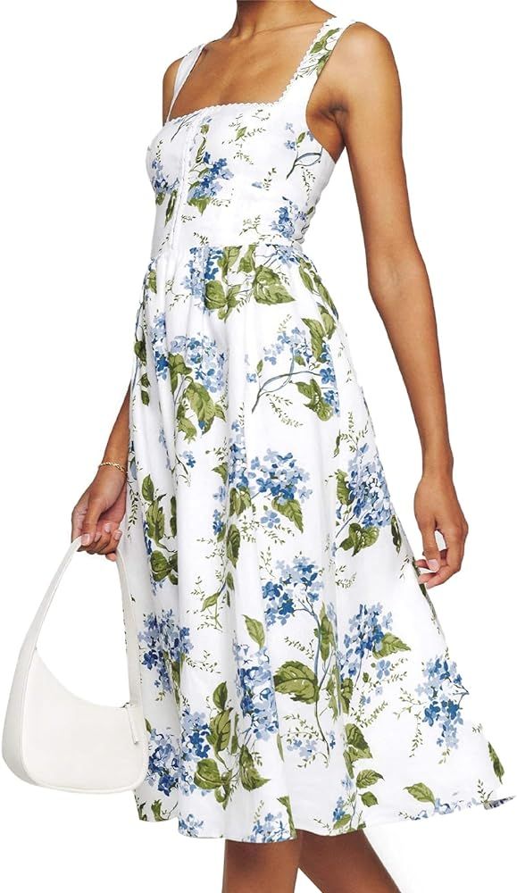 Women Floral Dress Summer Cami Dress Casual Lace Up Dress Backless Midi Dress Spaghetti Strap Dre... | Amazon (US)