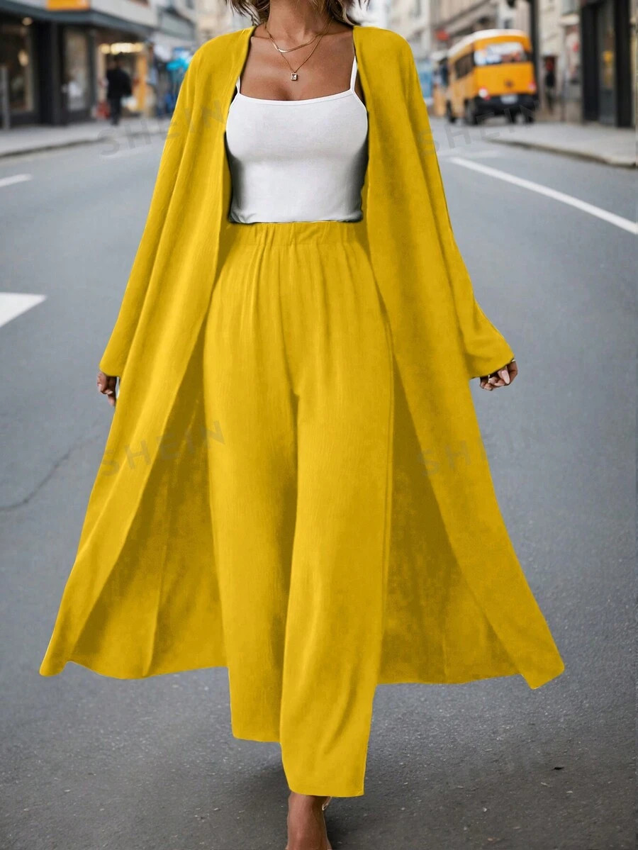 SHEIN LUNE Plus Size Solid Color Long Sleeve Cardigan And Wide Leg Pant Suit, 2pcs/Set | SHEIN