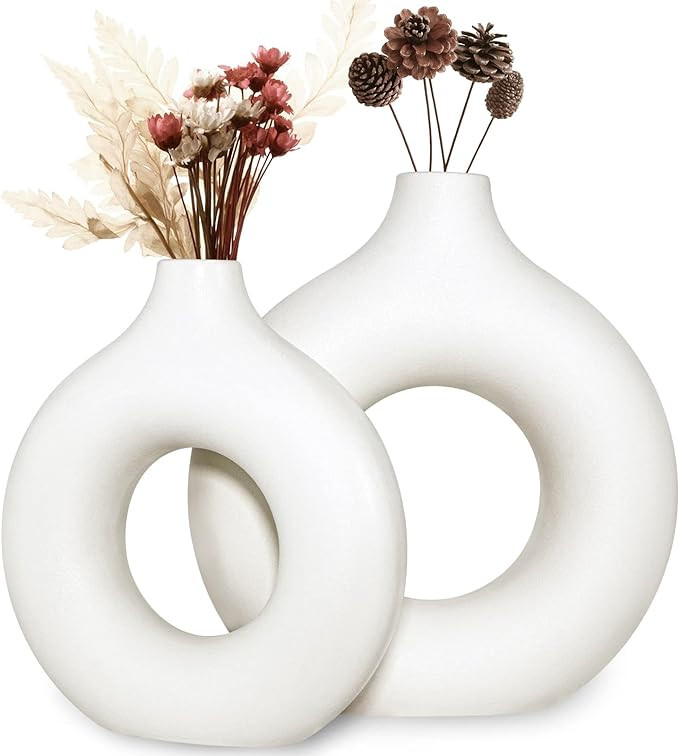White Ceramic Vases Set of 2, Creative Hollow Donut Glazed Flower Vases for Decor, Minimalist Mod... | Amazon (US)