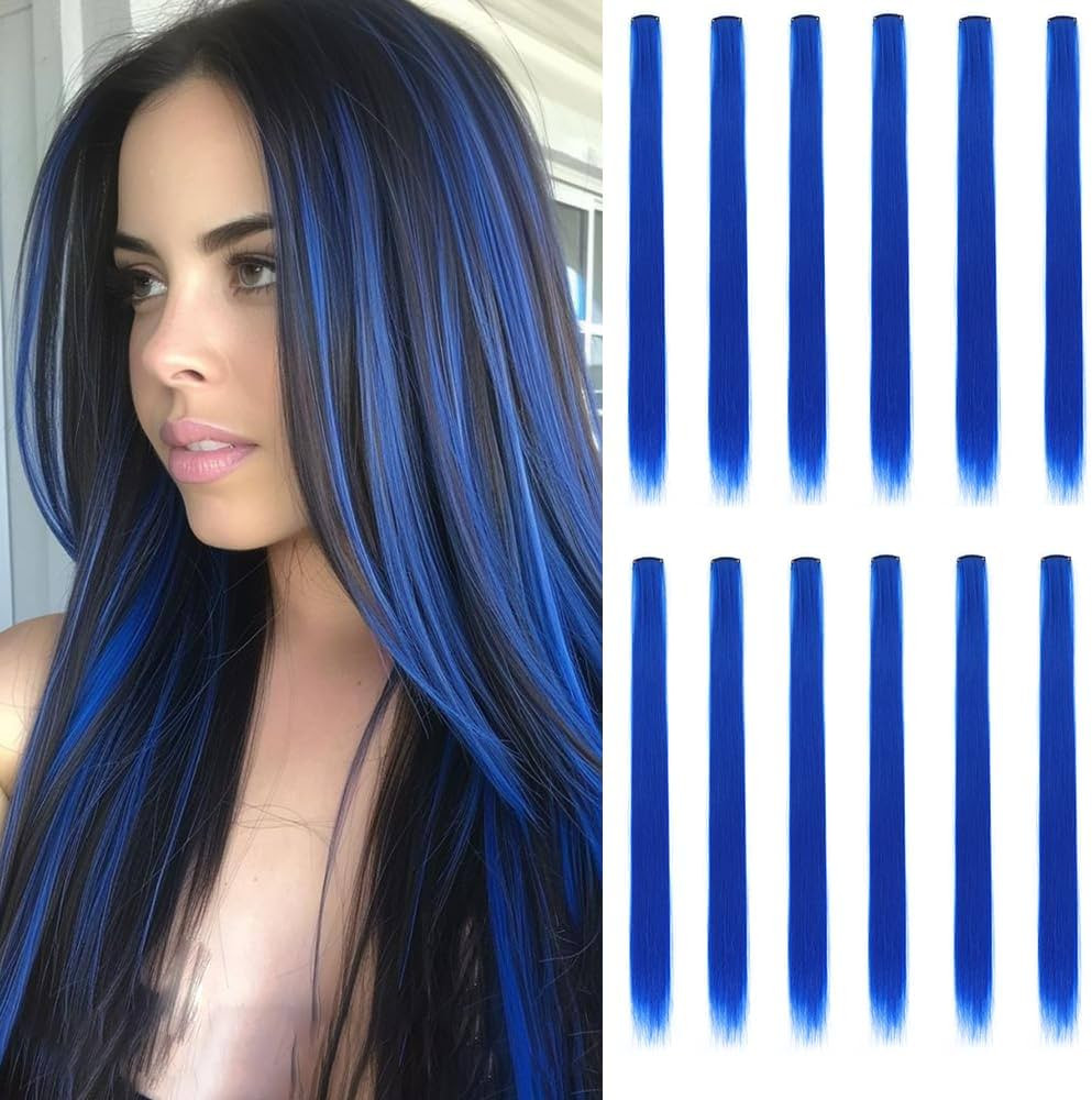 12 Pcs Crystal Blue hair extensions 22 Inch Straight colored hair colorful clip hair in extension... | Amazon (US)