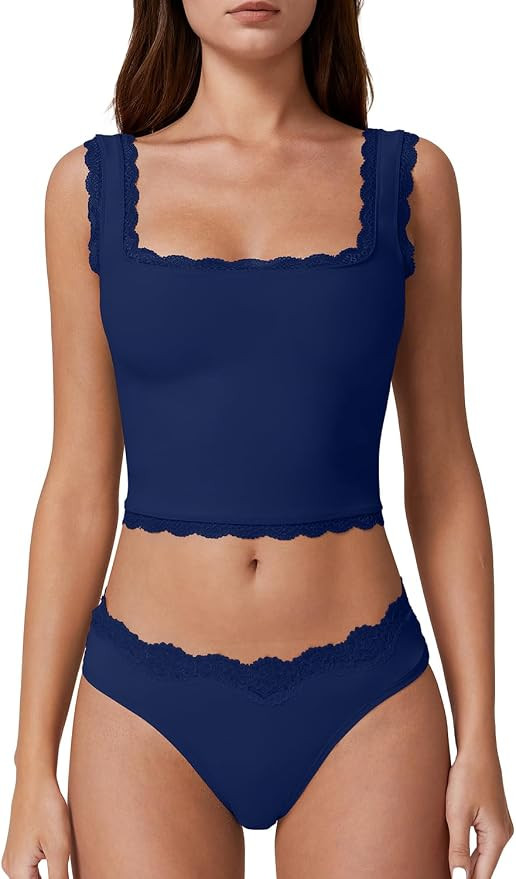 QINSEN Womens Square Neck Lace Trim Tank Tops Double Lined Slim Fit Summer Going Out Y2k T Shirts | Amazon (US)