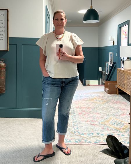 Casual spring outfit. Loving this flutter sleeve top so much that I bought it in three colors. I’m 5‘9“ tall and I ordered the tall size. Very glad I did… It’s the perfect length! Otherwise true to size. #FlutterSleeveTop #SpringOutfit #ComfyJeans #OldNavy #SpringFashion 

#LTKstyletip #LTKSeasonal #LTKsalealert