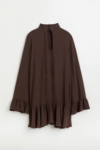 Short dress in woven viscose fabric. Stand-up collar, opening at front with lacing at top, and zi... | H&M (US)