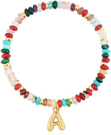 Beaded Initial Bracelets for Women, 14K Gold Plated Initial Letter Charm Rainbow Gemstone Colorfu... | Amazon (US)
