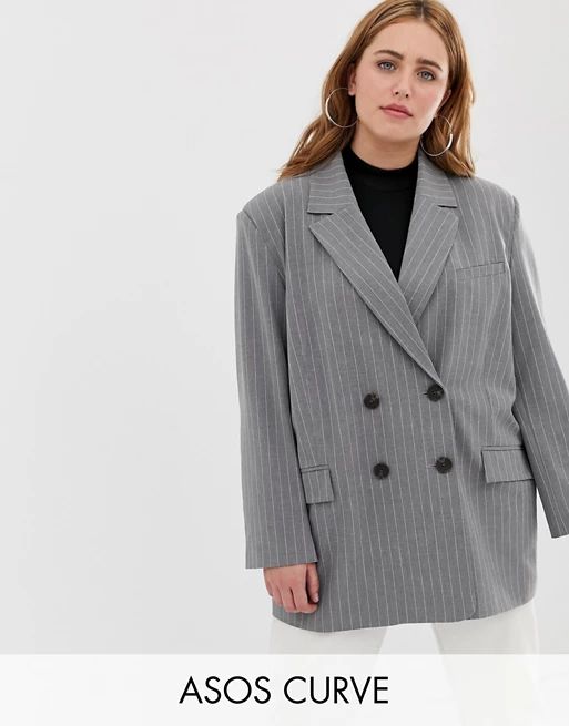 ASOS DESIGN Curve dad suit blazer in gray pinstripe | ASOS US