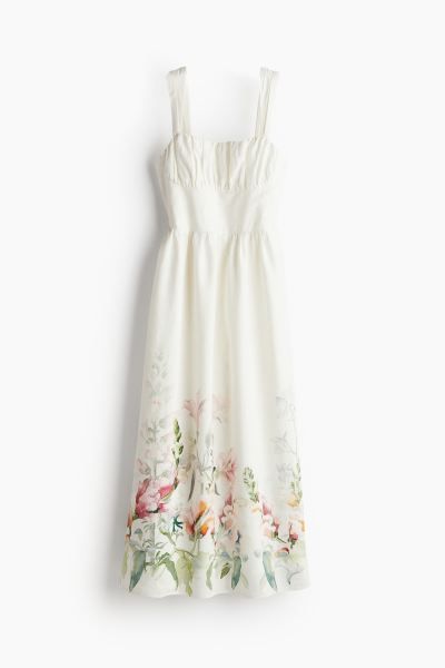 Bedrucktes Kleid aus einer Leinenmischung - Weiß/Geblümt - Ladies | H&M DE | H&M (DE, AT, CH, NL, FI)