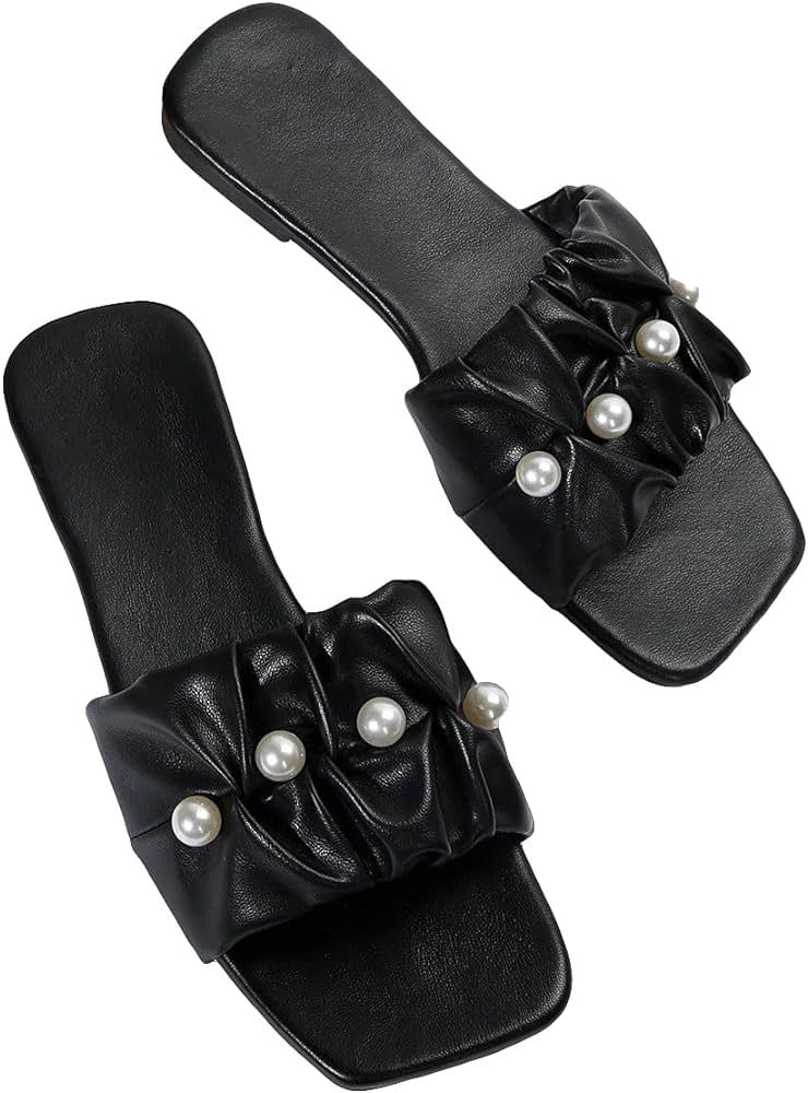 GORGLITTER Women's Ruffle Pearl Flat Sandals Open Toe Leather Slip On Summer Sandals | Amazon (US)