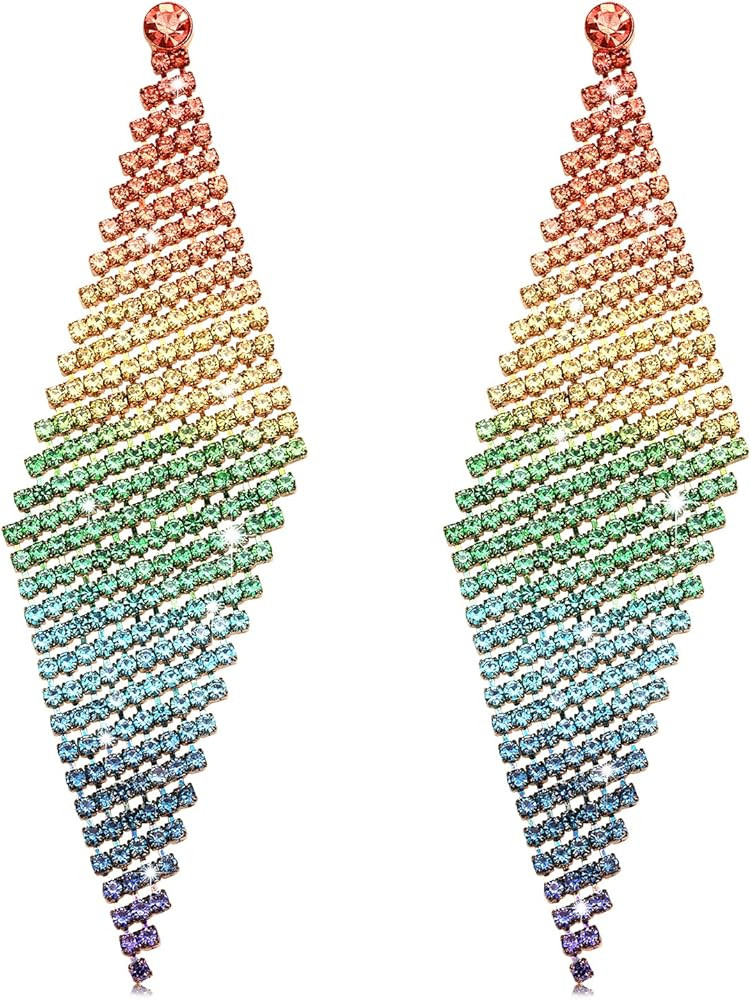 Rhinestone Earrings for Women Statement Rainbow Rhinestone Fringe Earrings Boho Chandelier Drop D... | Amazon (US)