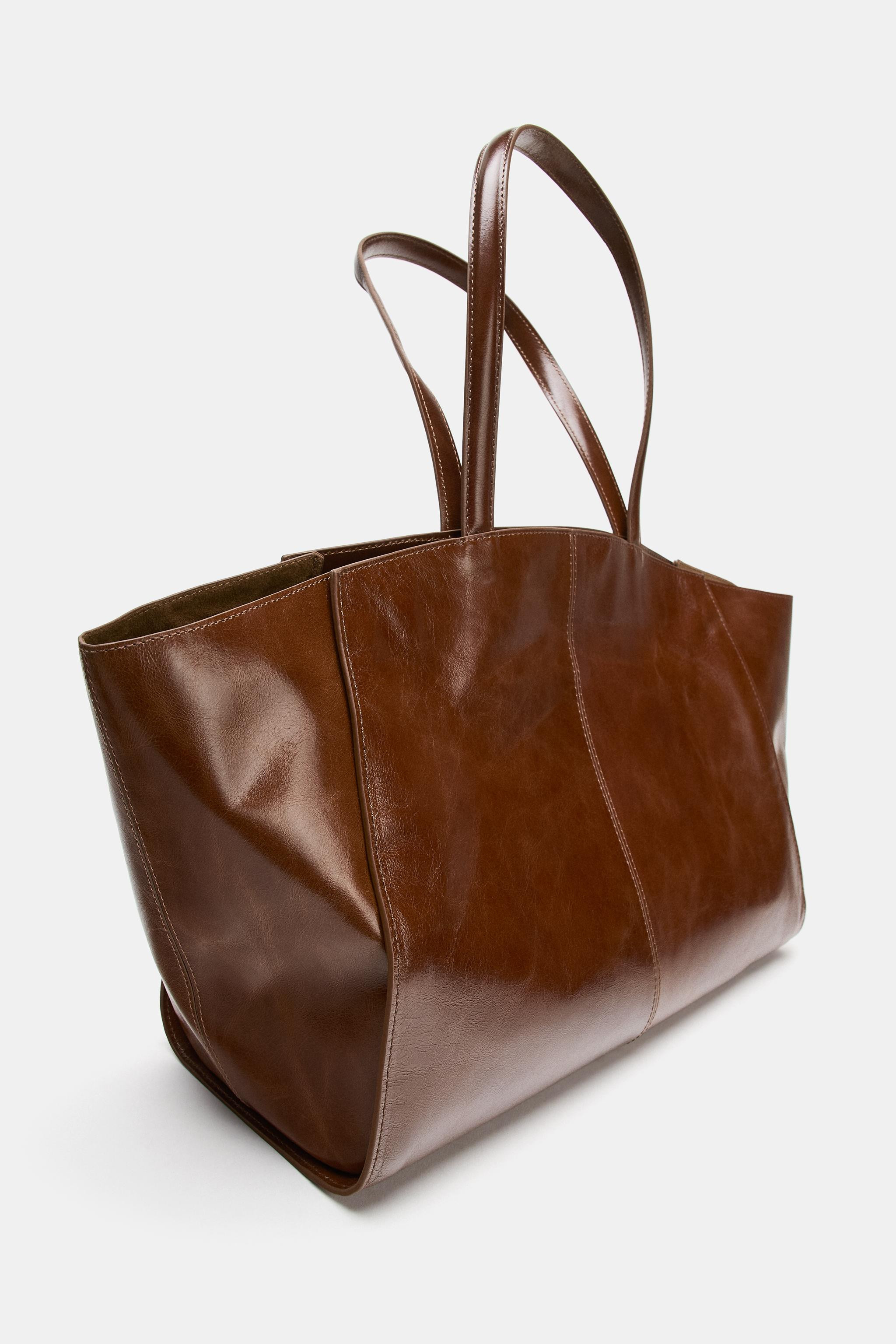 LEATHER TOTE BAG WITH TOPSTITCHING | Zara US