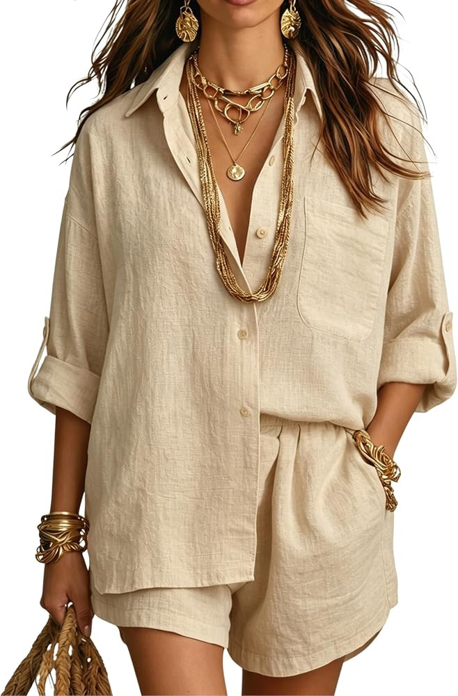 Gozoloma Women's 2 Piece Cotton Linen Set Rolled Long Sleeve Button Down Shirt & Shorts with Pock... | Amazon (US)